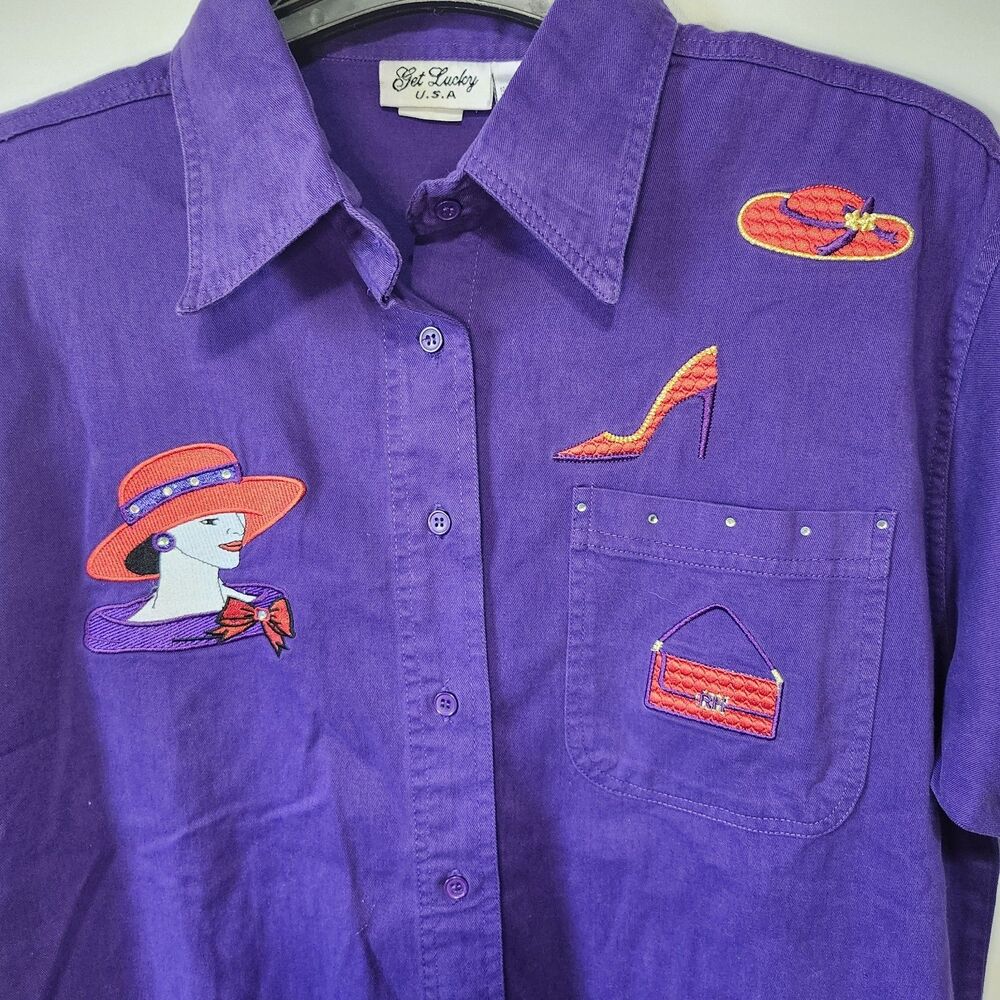 Get Lucky USA Red Hat Society Purple Shirt Capri Set L Embroidered Cotton VTG - Picture 3 of 16